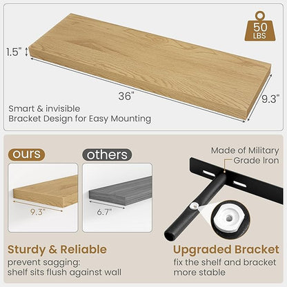 36"W x 9.3"D Floating Shelves for Wall, Wall Mounted Bathroom Shelves 2 Pack Deep Floating Shelf for Bedroom Kitchen Living Room, Rustic Wooden Wall Shelf with Invisible Bracket for Books Decor