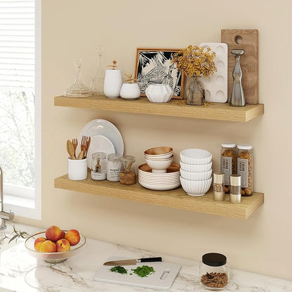 Acovy 36 Inch Floating Shelves, 9.3" Deep Floating Shelf Wall Mounted, 36" Wall Shelves, Rustic Deep Bookshelf, Large Display Shelves & Storage Shelves for Bedroom, Living Room, Oak, Set of 2
