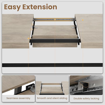 GarveeHome 63-83" Extendable Dining Table, Industrial Rectangular Dining Room Table for 6-8 People, Expandable Kitchen Table with Heavy Duty Metal Frame for Dining Room, Kitchen & Parties, Grey