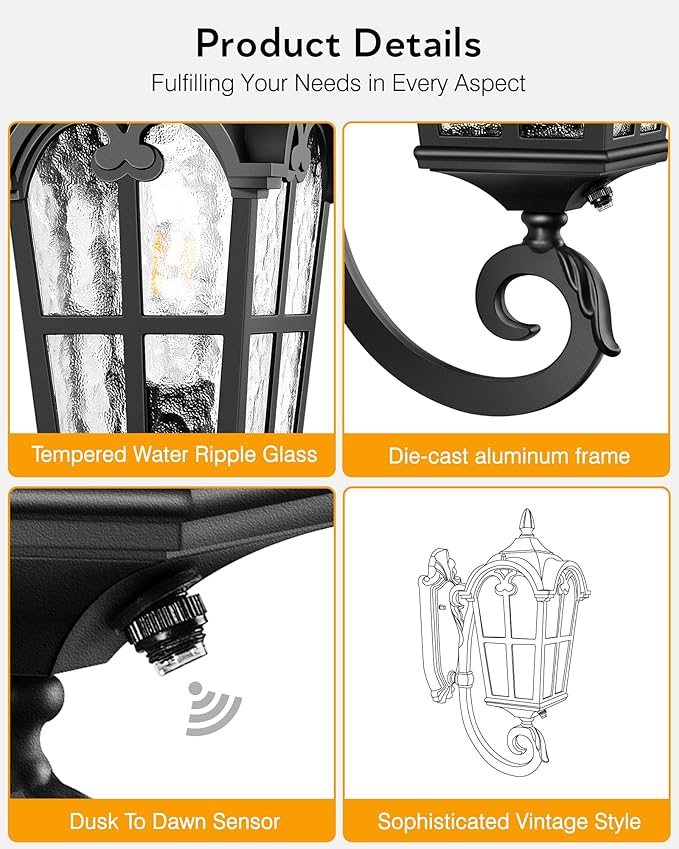 VIANIS Dusk to Dawn Outdoor Lighting, Black 2 Pack Vintage Outdoor Light Fixture Lanterns, Outside Lights for House with Ripple Glass for Porch, Garden, Doorway, Waterproof and Anti-Rust, Hardwired