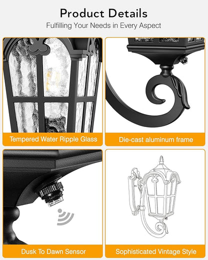 VIANIS Dusk to Dawn Outdoor Lighting, Black 2 Pack Vintage Outdoor Light Fixture Lanterns, Outside Lights for House with Ripple Glass for Porch, Garden, Doorway, Waterproof and Anti-Rust, Hardwired
