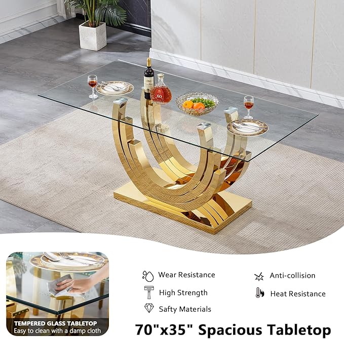 70" Glass Dining Table for 6-8, Modern Dining Room Table with 0.39" Tempered Glass Top and Three U-Shaped Gold Stainless Steel Base, Rectangle Kitchen Dinner Table for Dining Room
