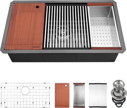 33-inch Black Undermount Kitchen Sink Workstation, SINKVINE 33x19 Large Outdoor Prep Sink, PVD Nano Stainless Steel Single Bowl w/Wood Cutting Board, SST Colander, and Roll-up Dish Drying, Dark Gray