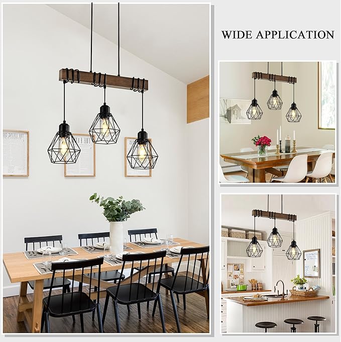 20'' 3-Light Kitchen Chandeliers Over Table, Farmhouse Black Dining Room Light Fixture, Linear Rustic Wood Ceiling Pendant Island Light Fixtures with Metal Lampshade, Height Adjustable by Power Cord