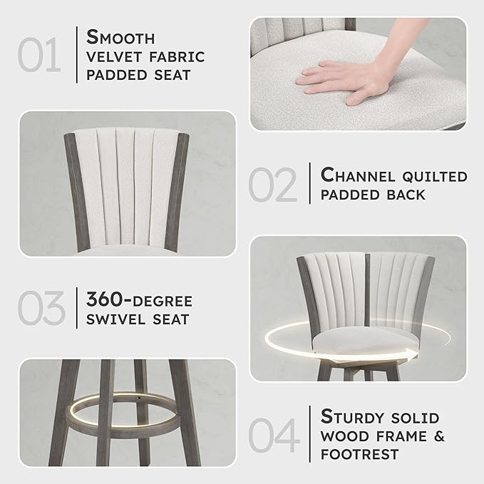 Lexicon Swivel Bar Stools Set of 2, Wood Frame Bar Height Stools with Footrest and Back, for Kitchen Island, Dining Room, 30.5" SH, Grey Finish and Thick Beige Velvet Cushion Seat