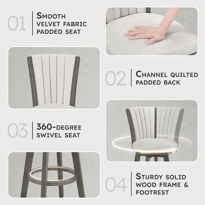 Lexicon Swivel Bar Stools Set of 2, Wood Frame Bar Height Stools with Footrest and Back, for Kitchen Island, Dining Room, 30.5" SH, Grey Finish and Thick Beige Velvet Cushion Seat