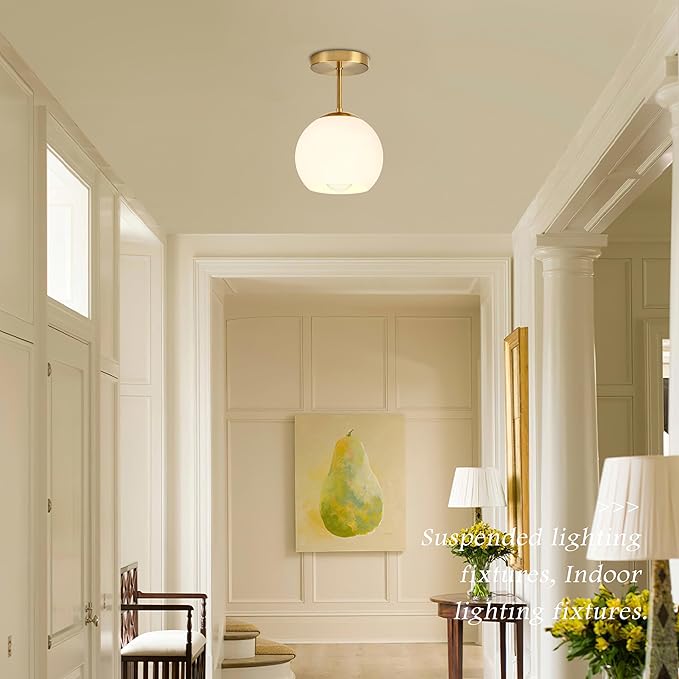Bagood Gold Semi Flush Mount Ceiling Light Fixture Milk Glass Light Fixture Mid Century Flush Mount Ceiling Lights Brass Flush Mount Ceiling Schoolhouse Lights for Dining Room(Bulb Incl.)