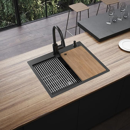 Black Kitchen Sink Workstation, 25x22 Inch Stainless Steel Drop In Modern Large Single Bowl Workstation Sink Accessory Combo-SS Grid,Drying Rack,Cutting Board,Soap Dispenser, Drain Strainer Set