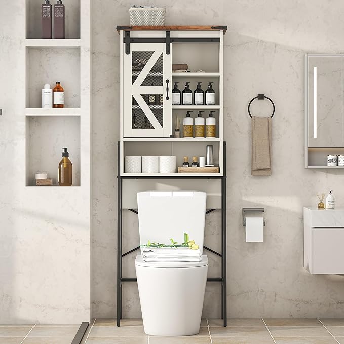 kepptory Over The Toilet Storage Cabinet, Above Toilet Storage Cabinet with Adjustable Shelves and Barn Door, Farmhouse Behind Toilet Bathroom Organizer for Bathroom, Laundry Room, Off-White