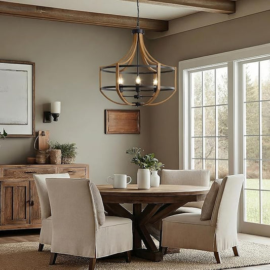 23.6" Farmhouse Chandelier for Dining Room, 6-Light Rustic Brown Faux Wood Pendant Light Fixtures, Black Frame Foyer Chandelier for Entryway Kitchen Island Bedroom Living Room