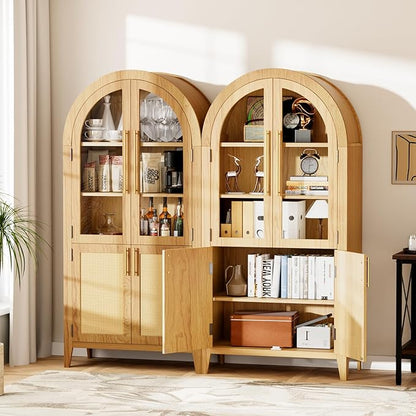 63" Arched Storage Cabinet, 5-Tier Modern Arched Cabinet with Glass Doors, Tall Arched Cabinet Adjustable for Living Room, Dining Room Office,Oak