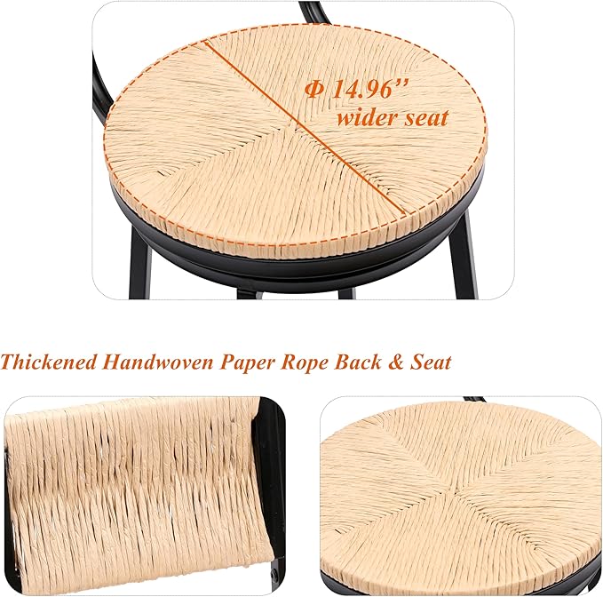 Honey Swivel Bar Stools Paper Rope Handwoven with Back Set of 2 Rustic Round Counter Chairs for Dining Room, Kitchen Island (Honey)
