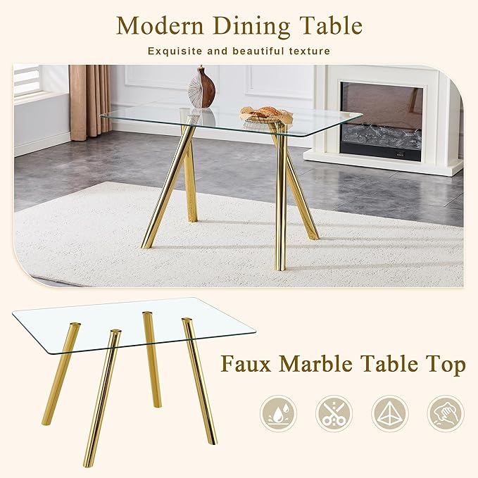 51.2'' Modern Glass Dining Table for 4-6, Rectangular Dining Room Table with Gold Metal Legs, Clear Tempered Glass Top Dining Table for 4, Space-Saving Dinner Kitchen Table for 4, 400lbs Load
