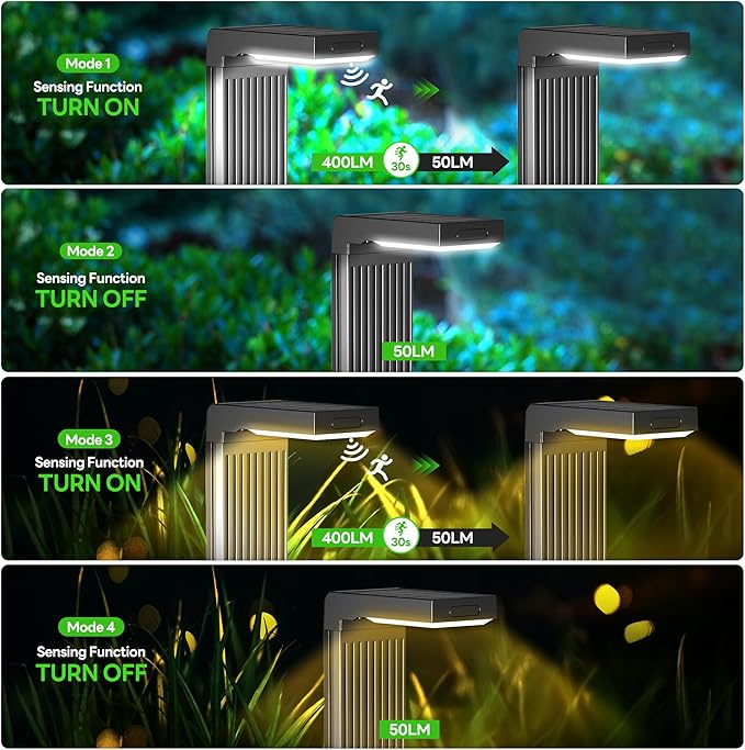 COXSENI Solar Pathway Lights Outdoor 4Pack, 2 Color in 1 Motion Sensor Walkway Lights 400LM with Warm/Cool White, 12H Lasting, IP65 Waterproof Solar Powered Landscape Lighting for Garden, Yard