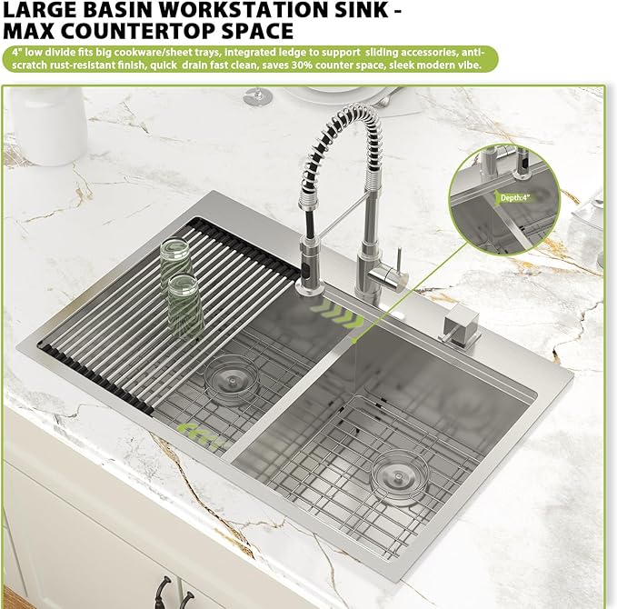 33-inch Drop In Kitchen Sink - Double Bowl 50/50 Multifunctional Workstation Kitchen Sink, 304 Stainless Steel 16 Gauge Above Counter Deep Sinks for Kitchen with Mixing Bowl, 33''x22''x10''