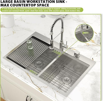 33-inch Drop In Kitchen Sink - Double Bowl 50/50 Multifunctional Workstation Kitchen Sink, 304 Stainless Steel 16 Gauge Above Counter Deep Sinks for Kitchen with Mixing Bowl, 33''x22''x10''