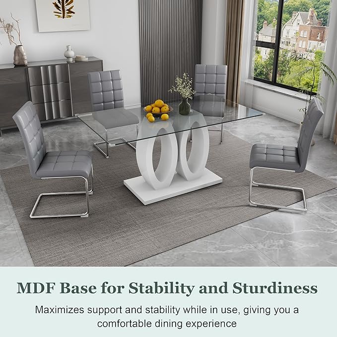 5-Piece Glass Dining Table Set, 63" White Kitchen Table with O-Shape MDF Base, Dining Room Set for 4 with 4 Leather Upholstered Chair for Kitchen, Dining Room (Gray,Silver)
