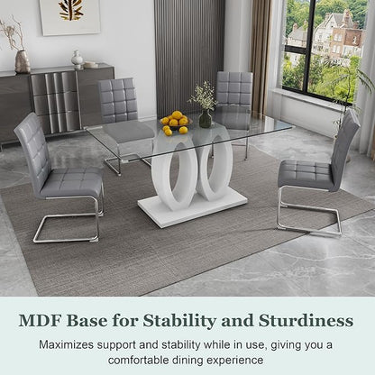 5-Piece Glass Dining Table Set, 63" White Kitchen Table with O-Shape MDF Base, Dining Room Set for 4 with 4 Leather Upholstered Chair for Kitchen, Dining Room (Gray,Silver)