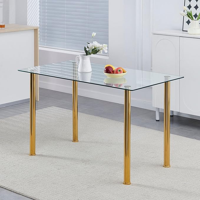 Glass Dining Table for 4-6,Rectangular Dining Room Table with 51.2" Clear Tempered Glass top and Gold Legs for Kitchen, Small Space