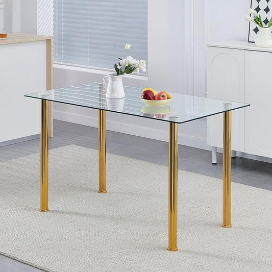 Glass Dining Table for 4-6,Rectangular Dining Room Table with 51.2" Clear Tempered Glass top and Gold Legs for Kitchen, Small Space