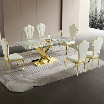 69” Modern Glass Dining Table for 6, Luxury Clear Tempered Glass Top with Gold X-Base Stainless Steel Legs, Elegant Rectangle Dining Room Table