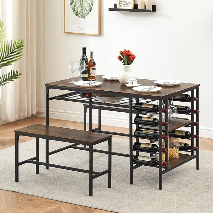 Garvee Dining Table Set for 4, Kitchen Table Set for 4 with 2 Benches, 3 Piece Dining Room Table Set for Small Space Apartment, Retro Brown
