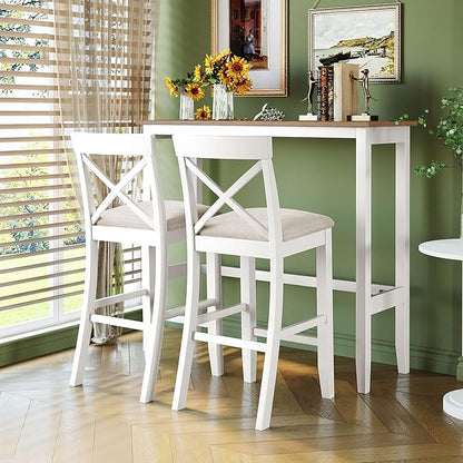 3 Piece Dining Table Set, Farmhosue Kitchen Bar Table Set with 2 Upholstered Chairs, Solid Wood Bar Table and Chairs Set for Kitchen, Dining Room, Living Room, Home Bar, White