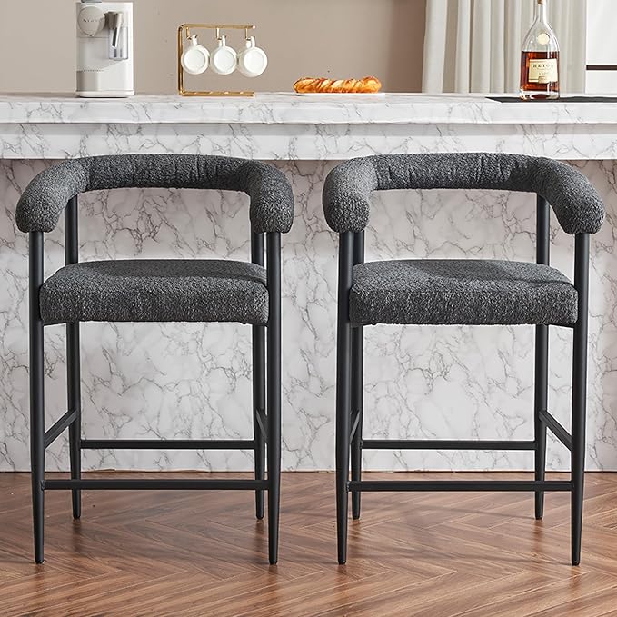 Modern Upholstered Bar Stools Set of 2, Boucle Fabric Counter Height Chairs with Metal e Armrests, Kitchen Island Bar Chairs for Home, Dining Room, Cafe,Dark Grey