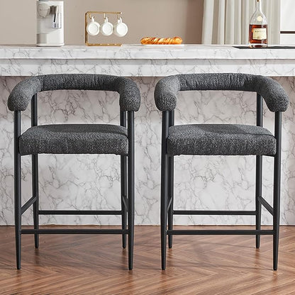 Modern Upholstered Bar Stools Set of 2, Boucle Fabric Counter Height Chairs with Metal e Armrests, Kitchen Island Bar Chairs for Home, Dining Room, Cafe,Dark Grey