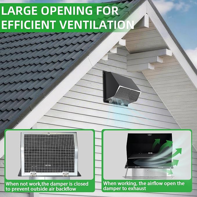 12 Inch Wall Vent Hood Exhaust Vent Cover Cap Outdoor Hooded Wall Vent with Screen and Damper for HVAC Duct Dryer Range Hood Industrial Facilities Ventilation and Air Exhaust,Galvanized Steel,Black