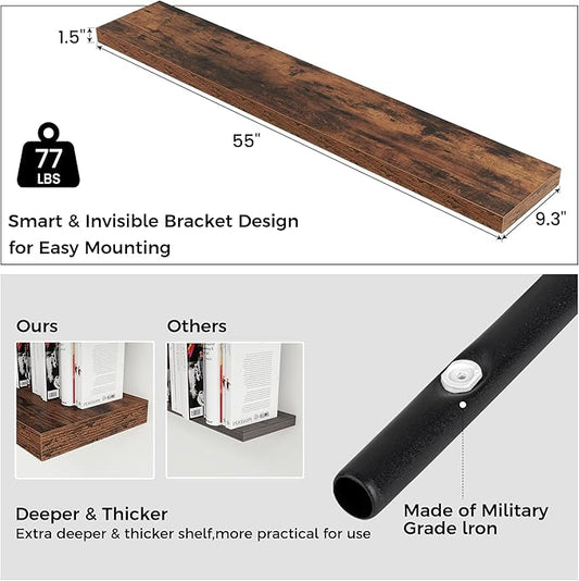 Venusmiles Floating Shelves for Wall, Engineered Wood Wall Shelves with Invisible Brackets for Living Room Bedroom Bathroom Office Kitchen Decor and Storage (Brown, 55" W x 9" D x 1.5" H) Set of 1