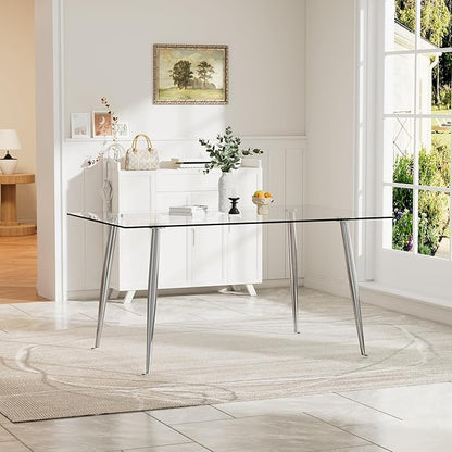 Glass Dining Table for 4 with 51 inch Clear Rectangular Glass Top, 0.31" Modern Tempered Glass Kitchen Table Furniture with 4 Silver Plating Metal Legs for Home Dining Room