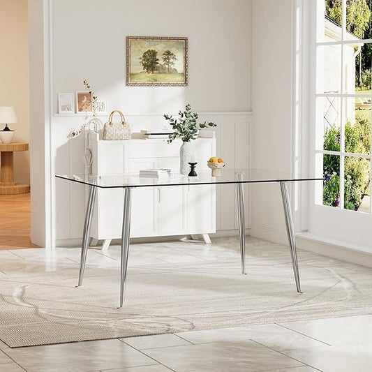 Glass Dining Table for 4 with 51 inch Clear Rectangular Glass Top, 0.31" Modern Tempered Glass Kitchen Table Furniture with 4 Silver Plating Metal Legs for Home Dining Room