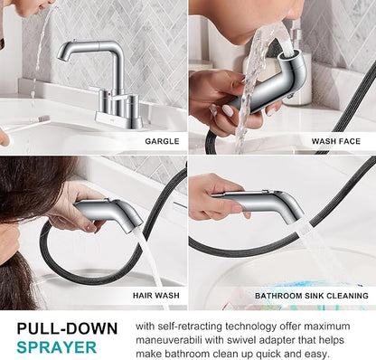 KENES Chrome Centerset Bathroom Faucet with Pull Out Sprayer, 4 Inch 2 Handle Pull Down Bathroom Faucet 3 Hole, Bathroom Sink Faucet with Pop Up Drain & Supply Lines LJ-9059A-5