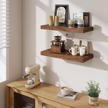 Fun Memories 24 Inch Floating Shelves Wall-Mounted, 10 Inch Deep Wall Shelves, 24 x 10 Floating Shelf for Living Room Bathroom Bedroom, Rustic Brown, Set of 2