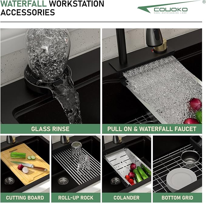 33x22 Drop In Waterfall Kitchen Sink Black 33 Inch Granite Composite Smart Kitchen Sink Multifunction Single Bowl Top Mount Black Multifunctional Waterfall Smart Sinks with Faucet Combo Glass Rinser