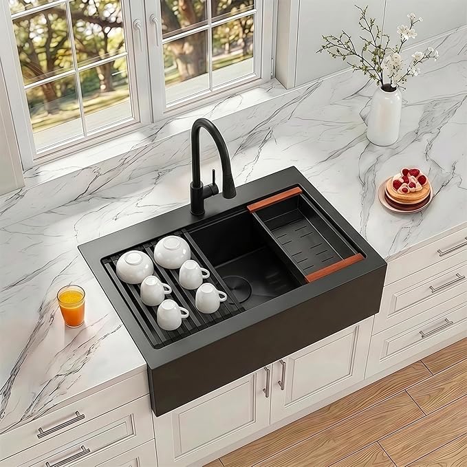 33 Inch Farmhouse Sink Black, 16 Gauge 304 Stainless Steel Farm Sinks, Drop In Topmount Single Bowl Workstation Sink with all Accessories, 33" x 22" x 10" Deep Kitchen Sink