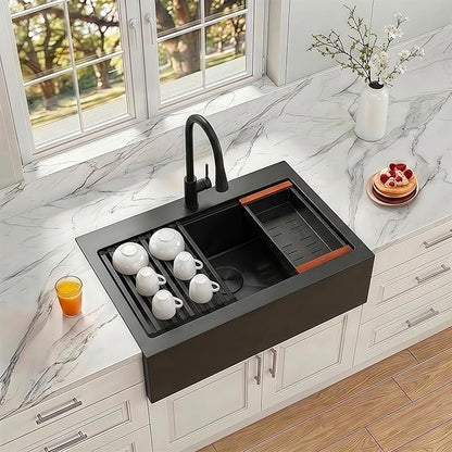 33 Inch Farmhouse Sink Black, 16 Gauge 304 Stainless Steel Farm Sinks, Drop In Topmount Single Bowl Workstation Sink with all Accessories, 33" x 22" x 10" Deep Kitchen Sink
