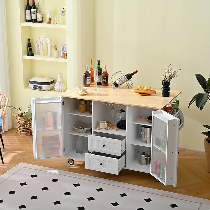 GOWE Mobile Kitchen Island Storage Trolley Cart on Wheels with Dropleaf Top, Towel/Spice Rack,2 Drawers, 2-Door Cabinet, White
