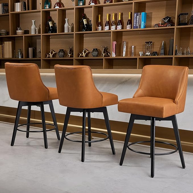Counter Height Bar Stools Set of 6, Swivel Barstools with Backs and Wood Legs, Faux Leather Upholstered Counter Stools for Kitchend Island, Mid-Century Modern 26" Seat Height Bar Chairs, Brown