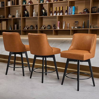 Counter Height Bar Stools Set of 6, Swivel Barstools with Backs and Wood Legs, Faux Leather Upholstered Counter Stools for Kitchend Island, Mid-Century Modern 26" Seat Height Bar Chairs, Brown