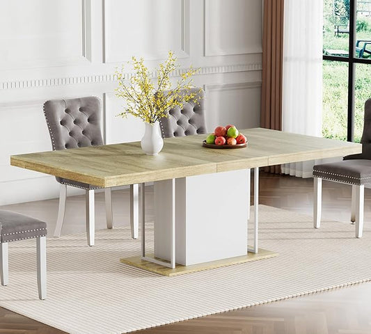 78.74" Wooden Extendable Dining Table for 8-10 People, Modern Farmhouse Expandable Kitchen Table with White Pedestal Base, Long Large Rectangular Extendable Kitchen Dining Room Table, Light Oak