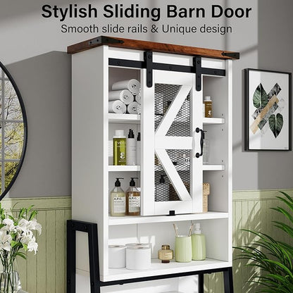 kepptory Over The Toilet Storage Cabinet, Above Toilet Storage Cabinet with Adjustable Shelves and Barn Door, Farmhouse Behind Toilet Bathroom Organizer for Bathroom, Laundry Room, Off-White