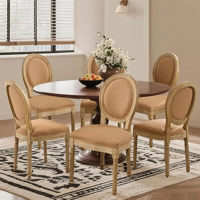 SoarFlash French Dining Chairs Set of 6, Vantage Linen Dining Chair with Round Back, Wood Leg Farmhouse Country Dining Chair for Living Room,Kitchen,Restaurant,Brown