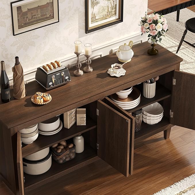 knoworld 60" Mid Century Sideboard Cabinet with 4 Doors,Solid Wood Storage Buffet Cabinet& Coffee Station,Organization Console for Dining Room & Living Room