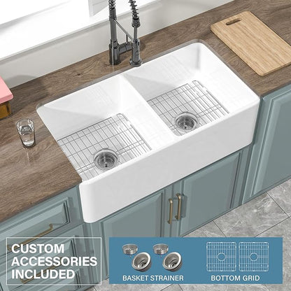 Double Bowl Farmhouse Sink White 33 x 18 Inch, Firecaly Apron Front Undermount Farm Sink Reversible(Sleek & Fluted Optional), Heavy-duty Dual Basin 50/50, for Kitchen