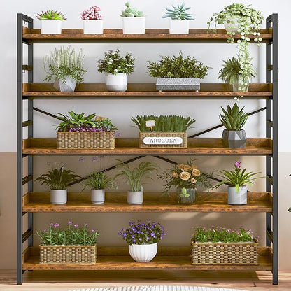 HCHQHS 5 Tier Bookshelf, Adjustable Industrial Bookcase, Vertical Tall Book Shelf, Wood and Black Metal Open Bookshelves for Home Office, Living Room, Bedroom