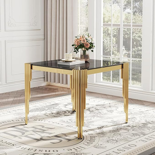 Modern Square Glass Dining Table for 4 People, Compact 37" Black Tempered Glass Desktop with Gold Mirrored Stainless Steel Legs for Small Spaces, Perfect for Apartments