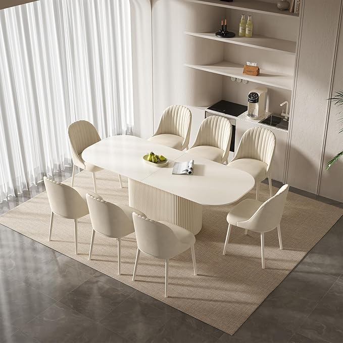 Miuuod 86.61" 9-Piece Oval Dining Table Set with 8 Upholstered Chairs Minimalist Kitchen Furniture Large Family Gathering for Dining Room,Home Office,Living Room Furniture,Cream White