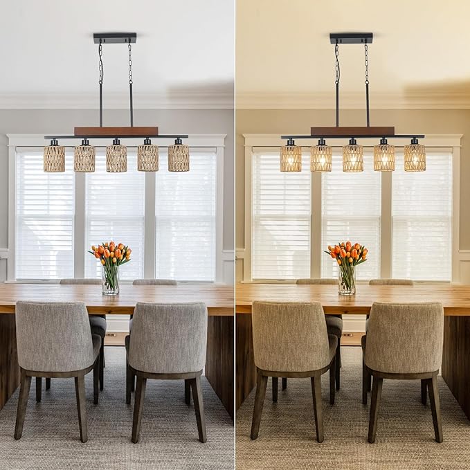 Rattan Farmhouse Chandeliers for Dining Room, Boho Kitchen Island Lighting, 5-Light Linear Chandelier Rectangle Pendant Lighting, Rustic Wood Chandeliers Black Hanging Light Fixtures for Living Room